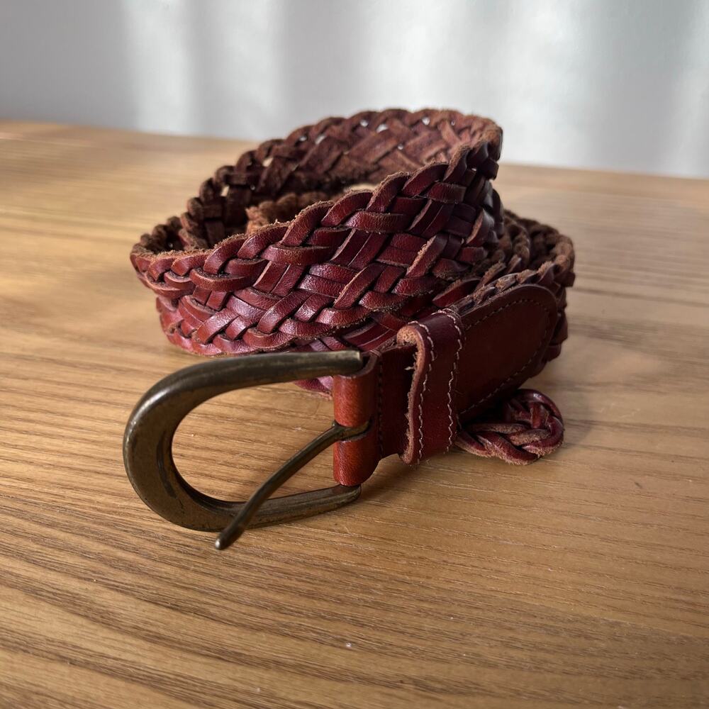 Vintage 90s Y2K Brown Leather Braided Belt Mens 42 Brass Buckle